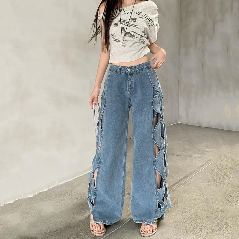plus size Vintage Hole high waist casual loose Women spring summer autumn jeans denim wide leg Pants