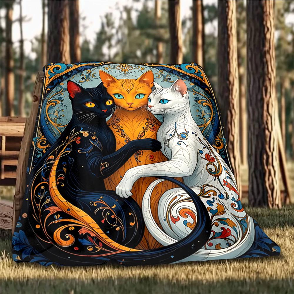 1pc Fantasy Cats Throw Blanket Polyester Fiber, Lightweight Flannel, Soft & Warm, All Season Use for Outdoor, Camping Digital Print