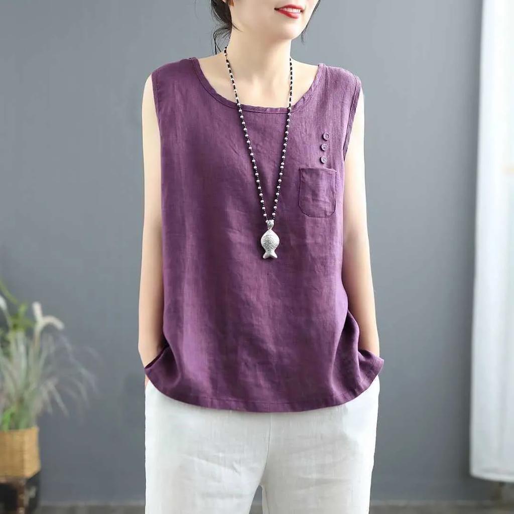 Women's Summer Solid Color Simple Literary Vest Sleeveless Round Neck Splicing Top