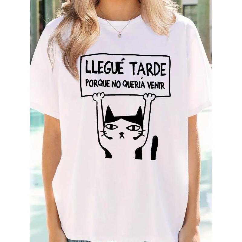 Европейские размеры Женская повседневная спортивная футболка с милым котом и испанской цитатой, графический принт S белый