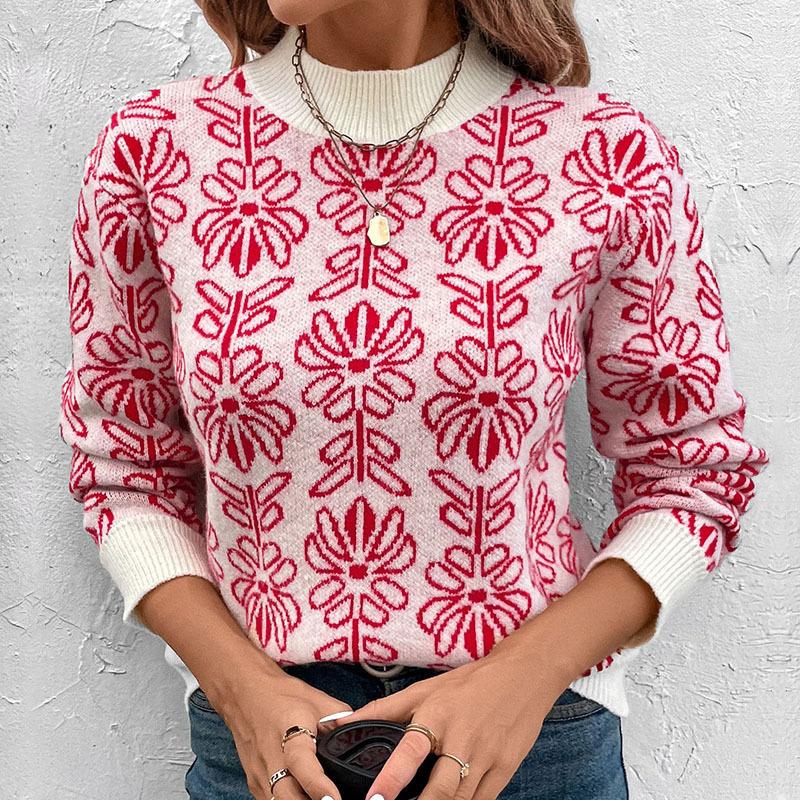 2025 New Sweet Retro Loose Contrasting Color Half Turtleneck Flower Jacquard Knit Sweater for Women