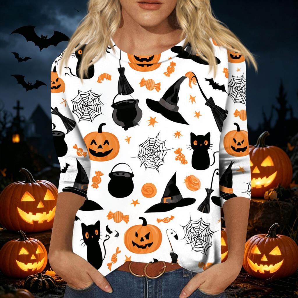 Women's Casual 3/4 Sleeve Halloween Print Pullover Top Round Neck Lightweight Loose Fit Shirt for Fall and Everyday Wear
