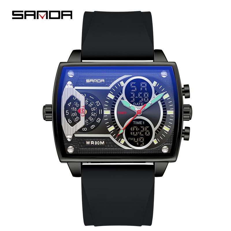 Sanda Fashionable Men's Square Multifunctional Waterproof Sports Quartz Watch