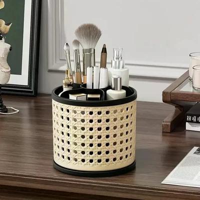 1ks Stolní úložný box z imitace ratanu Stojan na toaletní stolek Otočný Velkokapacitní přihrádka Trubička pro uložení štětců na make-up