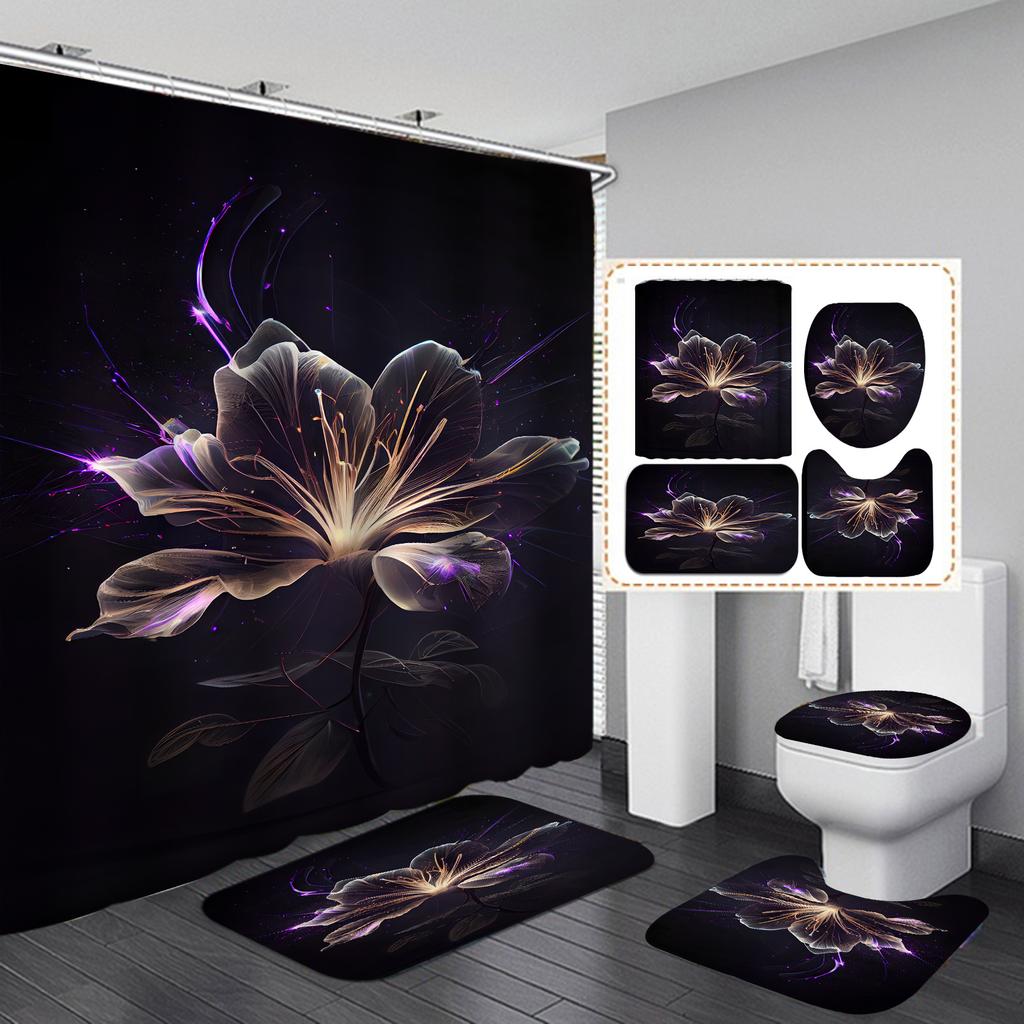 4Pcs Painted Floral Shower Curtain Set with Non-Slip Bath Mat, Toilet Lid Cover, Contour Rug & 12 Hooks, Bathroom Decor