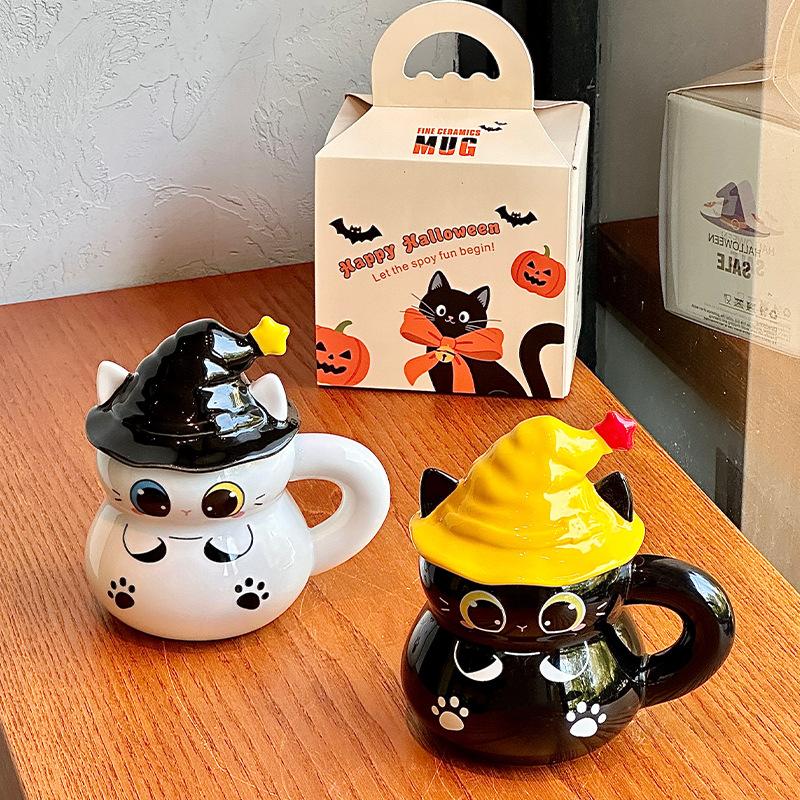 Magic hat cat water cup Halloween ceramic mug with lid for girls' birthday gift souvenir gift box