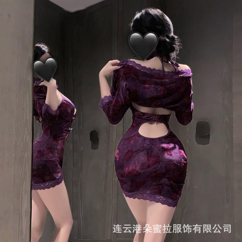 Original erotic underwear butterfly print deep V sexy new Chinese buckle cheongsam pure desire purple halterneck