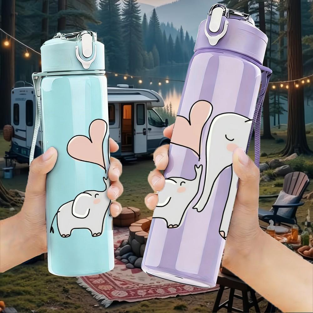 1PC Mom Baby Elephant Gentle Love Print 750ml Color Plastic Sports Water Bottle Leakproof Flip Straw Lid Suitable for Sports Office Home Use