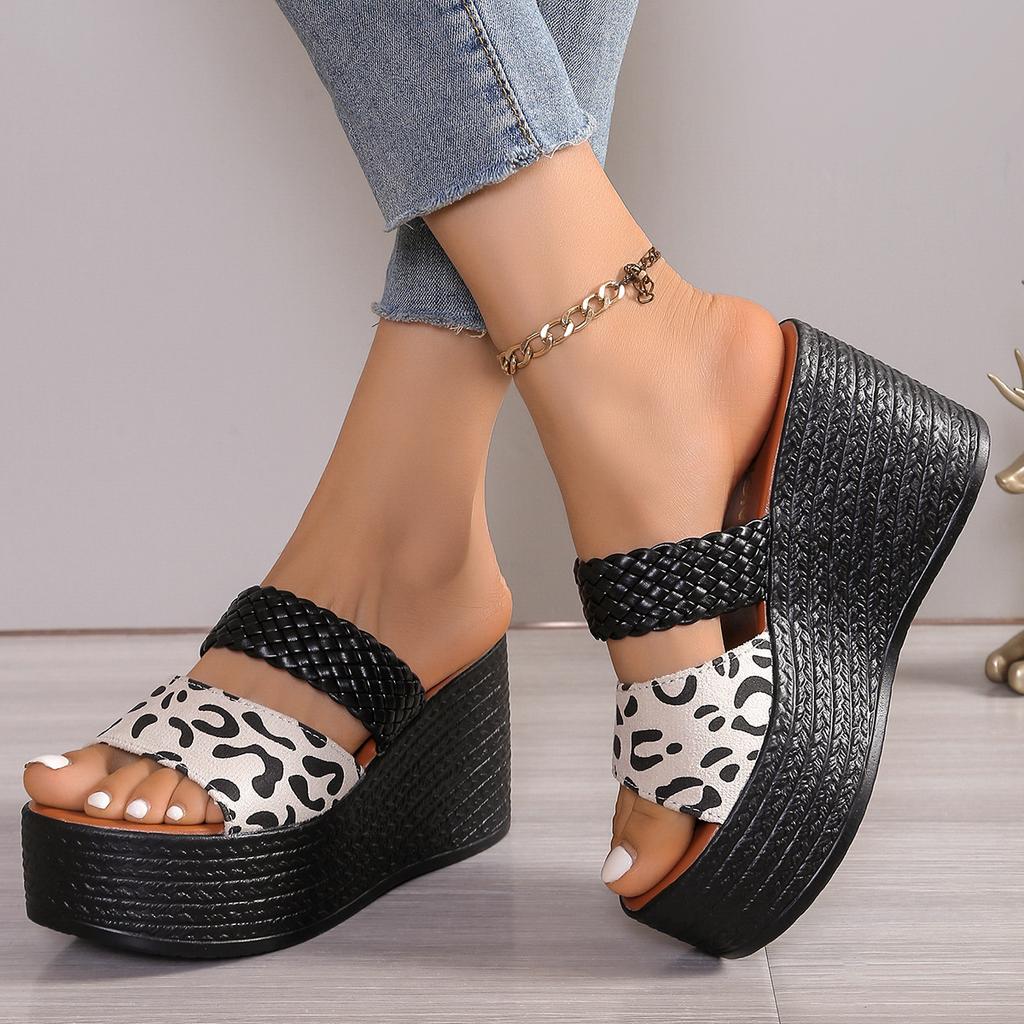 Leopard Print Open-Toe Platform Slippers for Women, Plus Size Thick-Soled Slippers