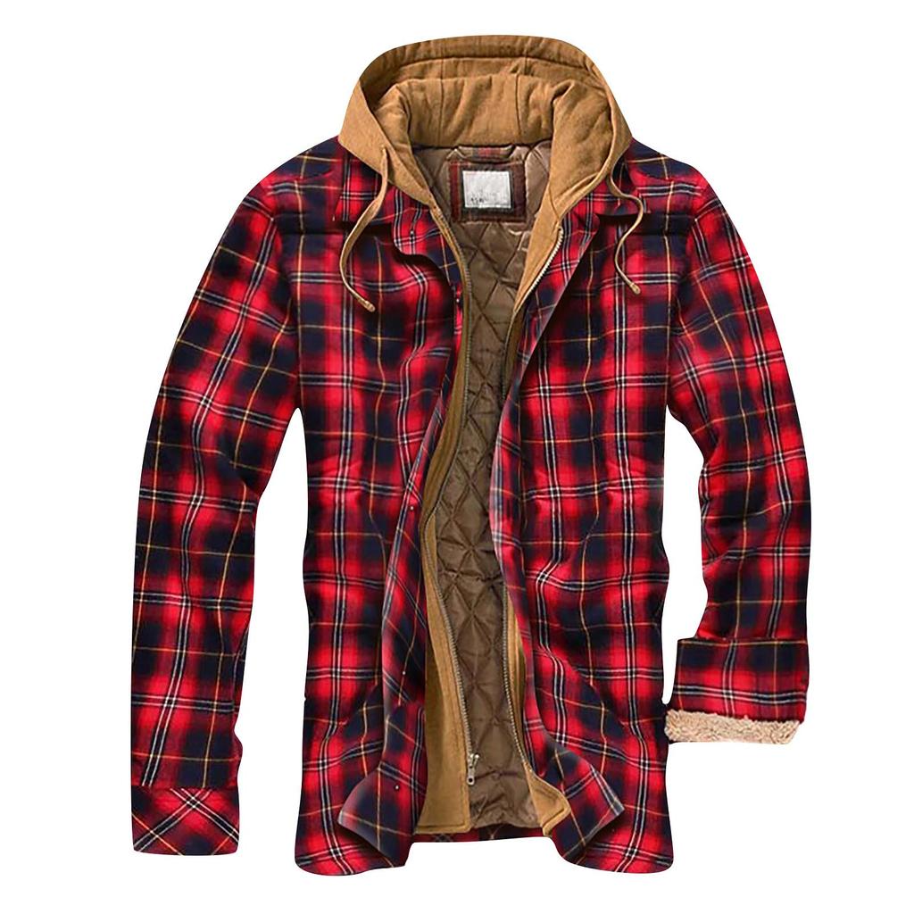 Men's Quilted Lined Button Down Plaid Shirt Add Velvet To Keep Warm Jacket With Hood