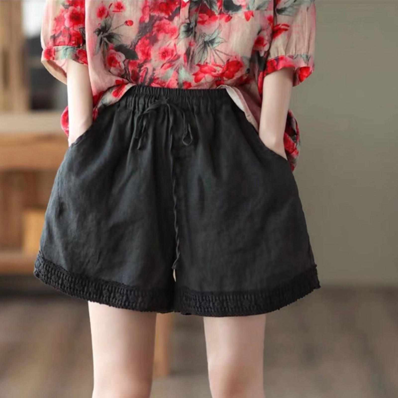 

Женские модные повседневные полые вязаные крючком прямые шорты из хлопка и льна в стиле ретро XXXL чёрный