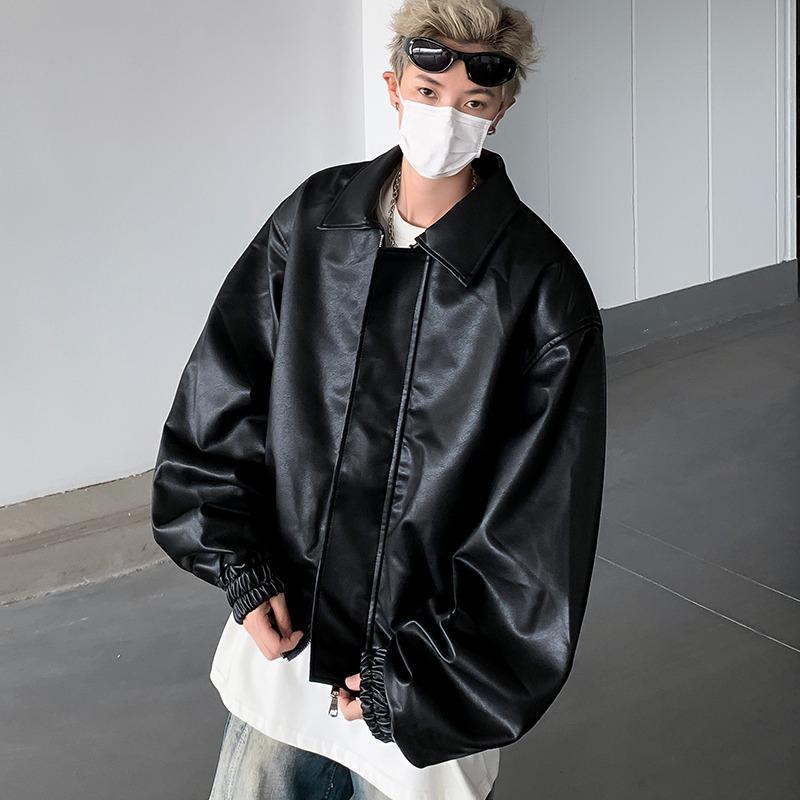 Heren Retro Leren Jas met Gewatteerde Schouders – Casual Losse Pasvorm voor Lente/Herfst