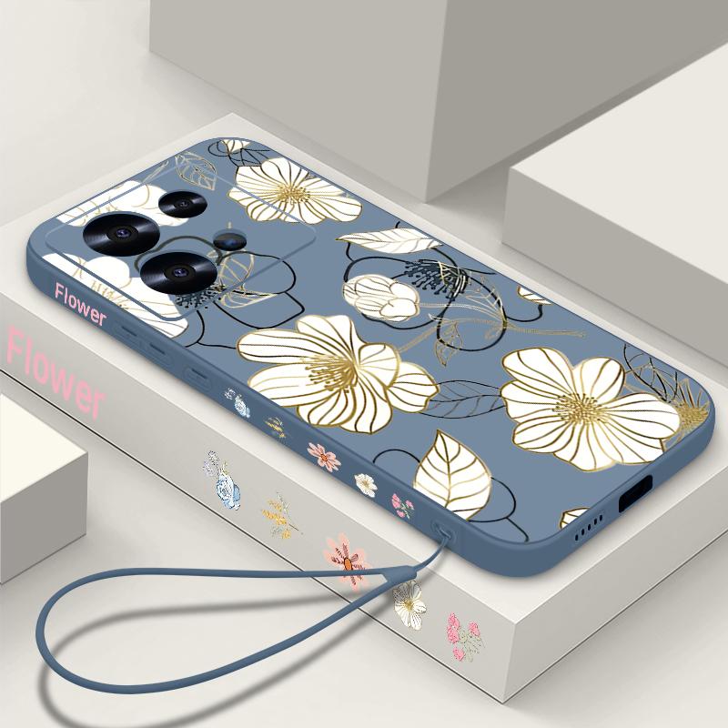 Lanyard Soft TPU Case For Xiaomi Redmi Note 13 14 Pro Plus 12 14 Pro 5G Note 13 11 13C 4G White Flower Silicone Phone Cover