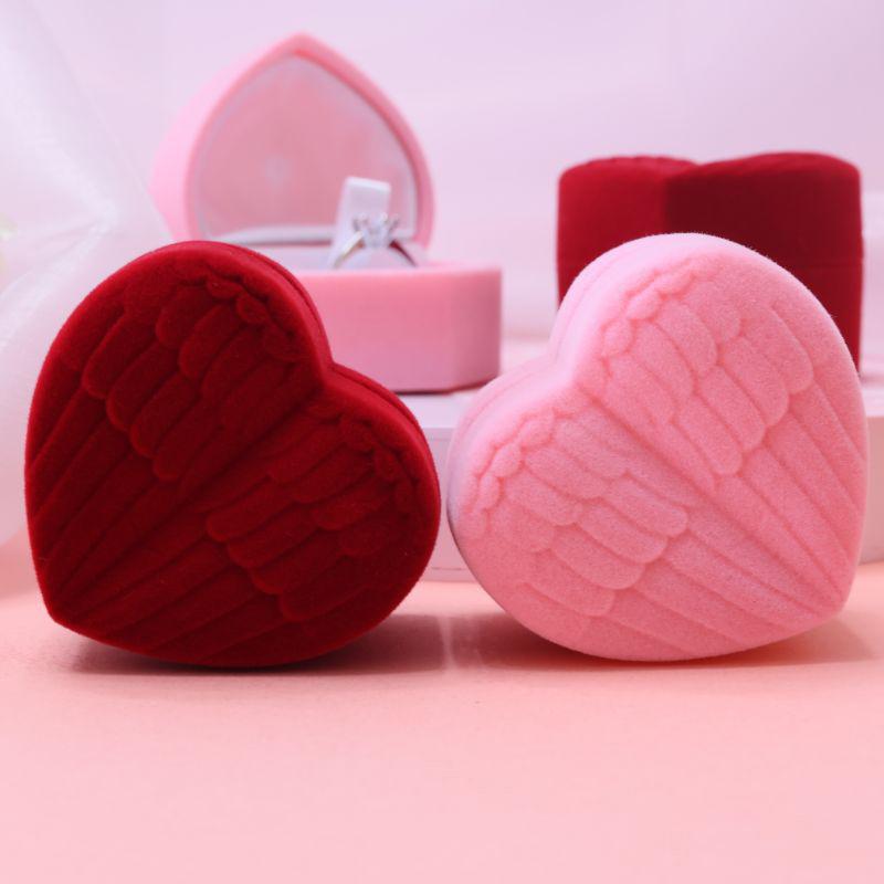 Flocked Heart Shaped Rose Ring Box Velvet Engagement Display for Marriage Proposal Valentines Day Party