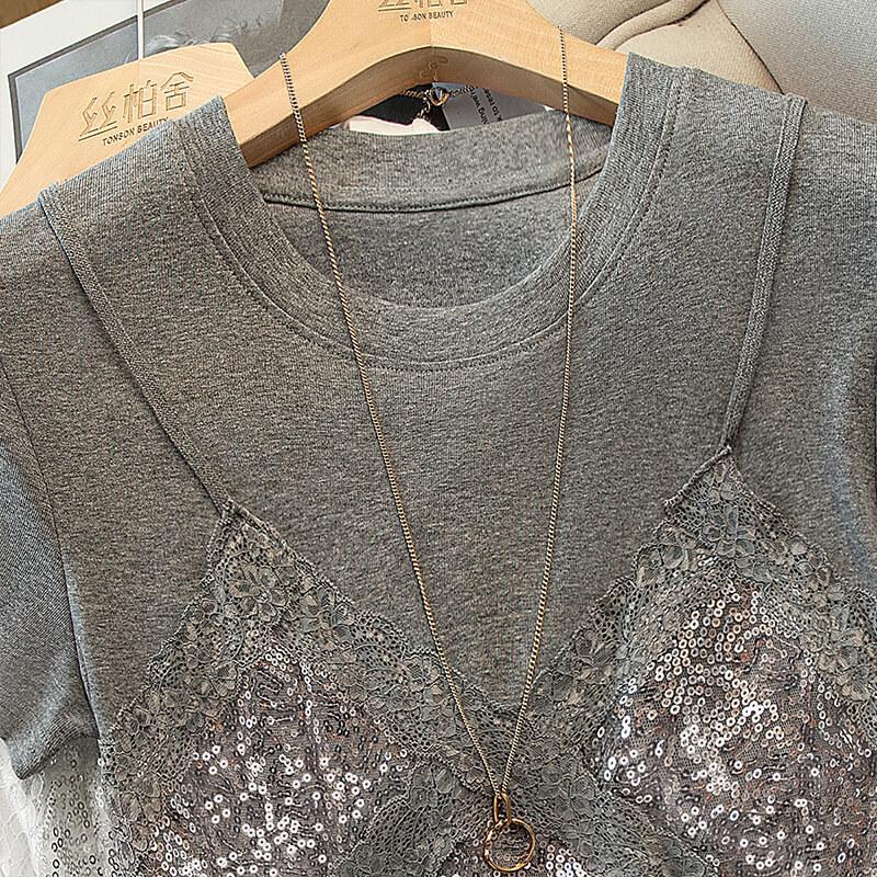 Faux Two-Piece Sequin Lace T-Shirt