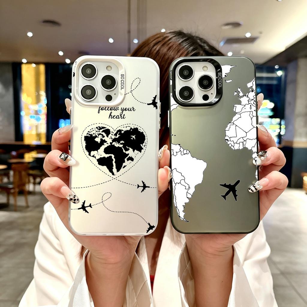 Color Phone Case For iPhone 17 16E 16 11 15 14 Pro MAX 12 13 MINI 7 8 Plus XR SE Silver IMD Cover Cartoon World map scenery