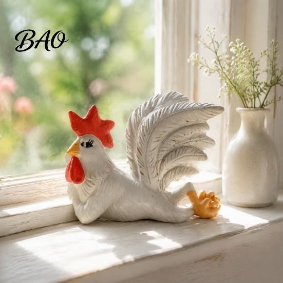 Resin Rooster Statue White with Enchanting Posture & Long Eyelashes, Creative Table Art Sculpture, Funny Auspicious Animal Figurine Decoration, Rustic