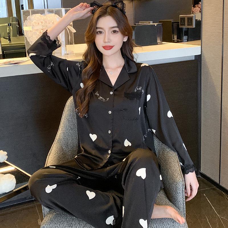 Women's Spring and Autumn 2-piece Ice Silk Loungewear Long Sleeve Long Pants Pajamas Set Ladies Printed Sweet and Cute Homewear