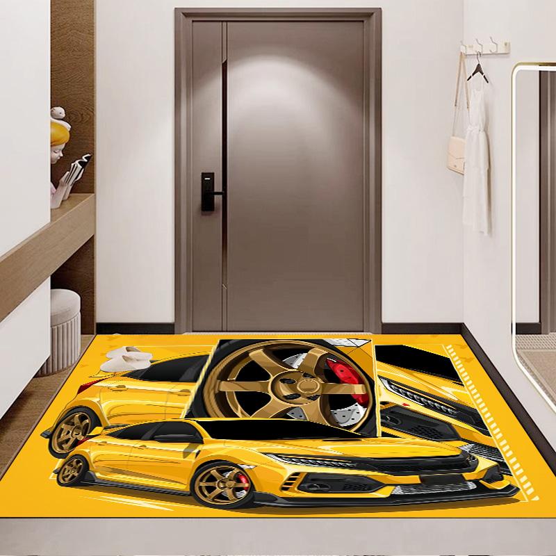 Golden Yellow JDM Sport Car Comic Panel Print Area Rug Non‑Slip Rectangular Floor Mat Tuned Auto Decor for Gaming Bedroom Living Room