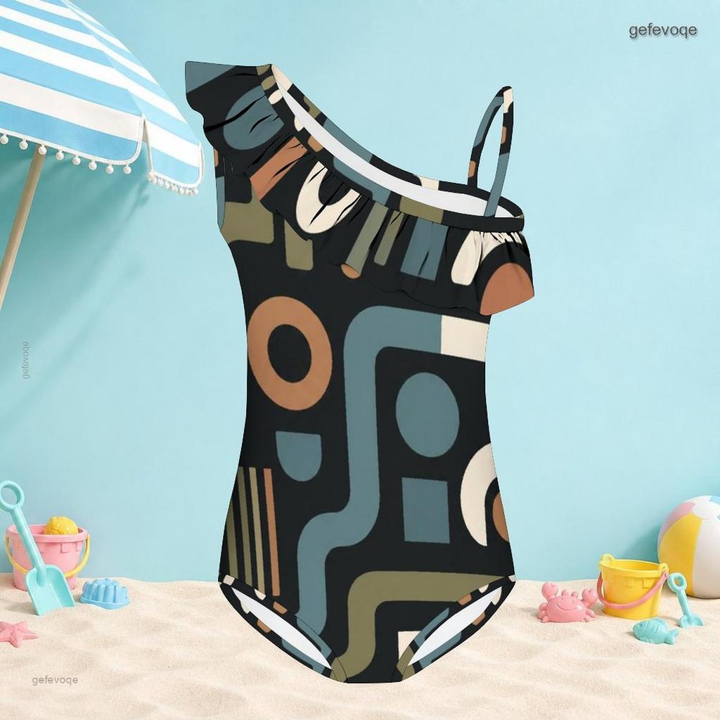 Costume da bagno intero da bambina a spalla singola con volant e stampa geometrica
