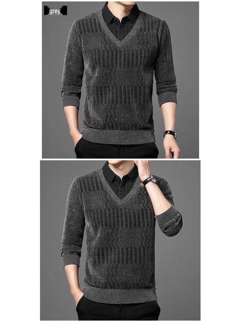Woodpecker Men's Fleece-Lined Two-Piece Chenille Sweater with Shirt Collar