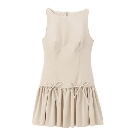 Women Summer Dress Sleeveless Bow Decor Pleated A-line Solid Color Mini Dress Back Zipper Closure