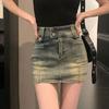 Women Summer High Waist Denim Mini Skirt Pocket Detail