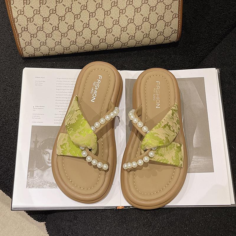 Fashion Aphixta Luxury Pearl Green Slippers Flat With Women Summer Shoes Outdoor Slides Flip Flop Muller Slippers Casual Beach Sandals