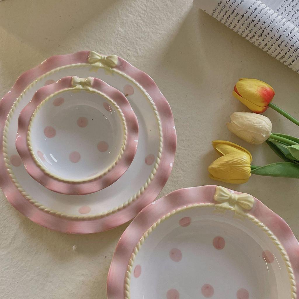 Korean Cute Bow Lace Ceramic Plate & Rice Bowl Set for Desserts and Cakes