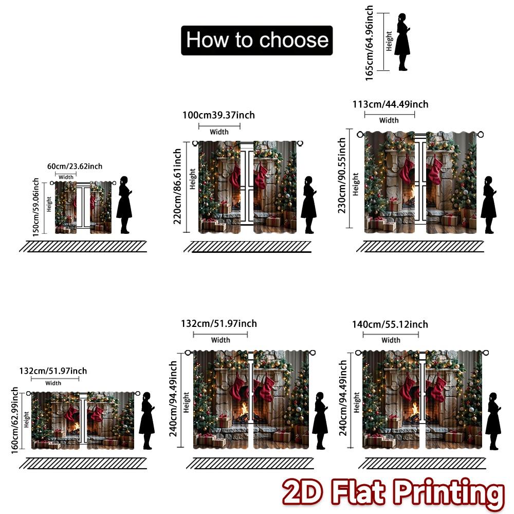 2pcs 2D flat printing Merry Christmas Window Curtains Day Christmas Fireplace Scene11 Machine Washable Polyester Without