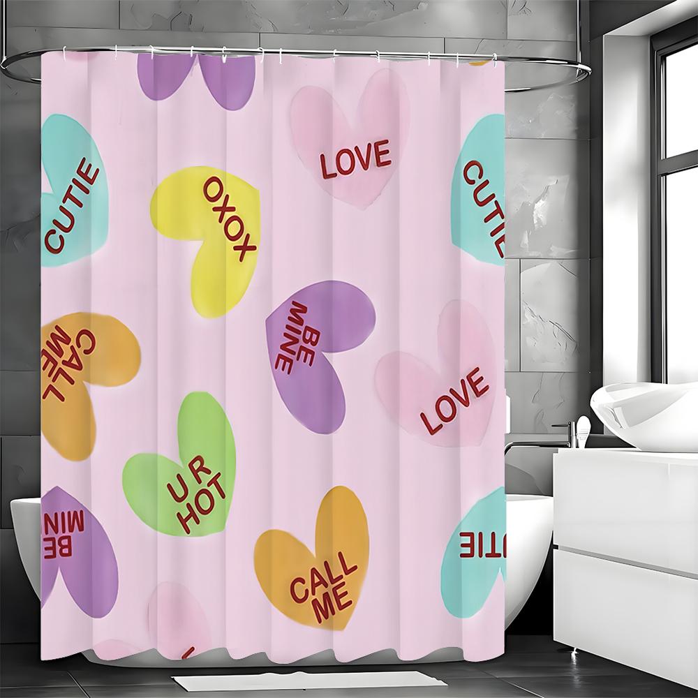 Valentine's Day Love with Text Shower Curtain, Bathroom Decorative Shower Curtain, Waterproof Shower Curtain with Hooks