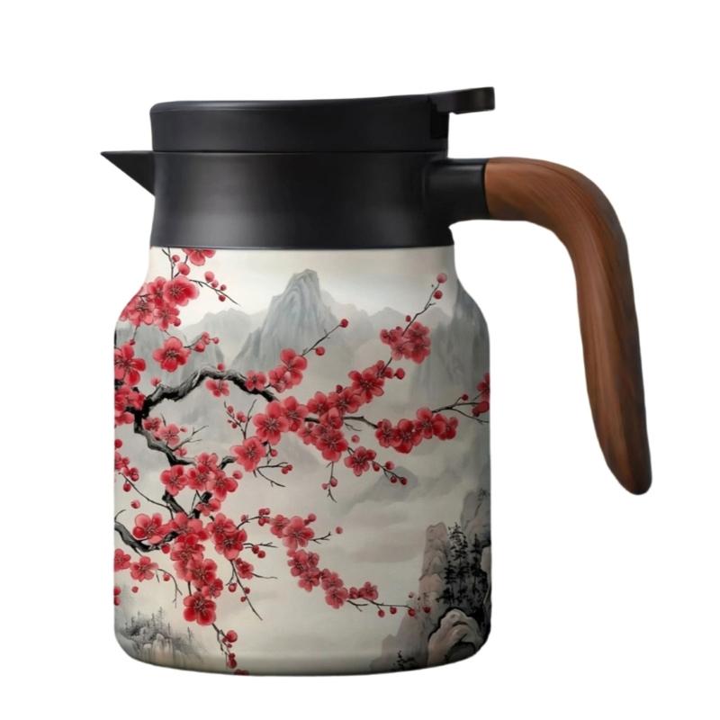 Premium Thermal Florals Teapot 1000ml Removable Infuser Stainless Steels Body And Ergonomic Wooden Handle Teas Kettle