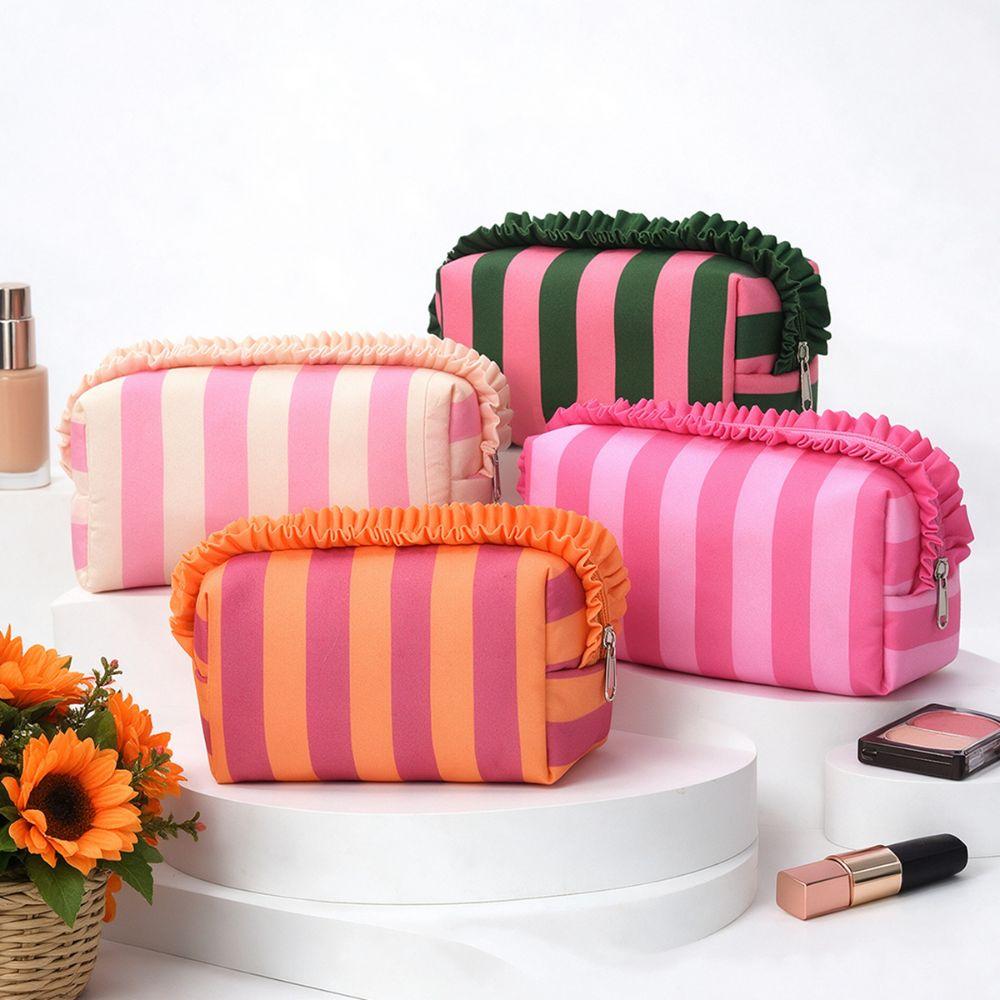 Striped Cosmetic Bag Ruffle Travel Pouch Portable Makeup Organizer Bathroom
