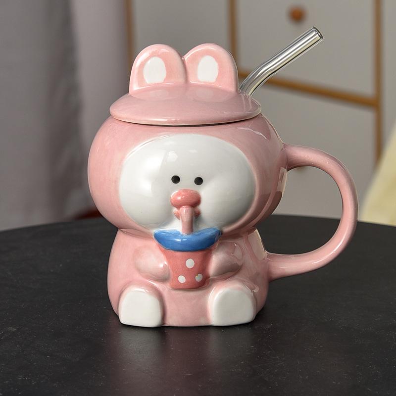 

Couple Style Ceramic Milk Tea Mug with Lid - Stylish Office Design 301-400ml
