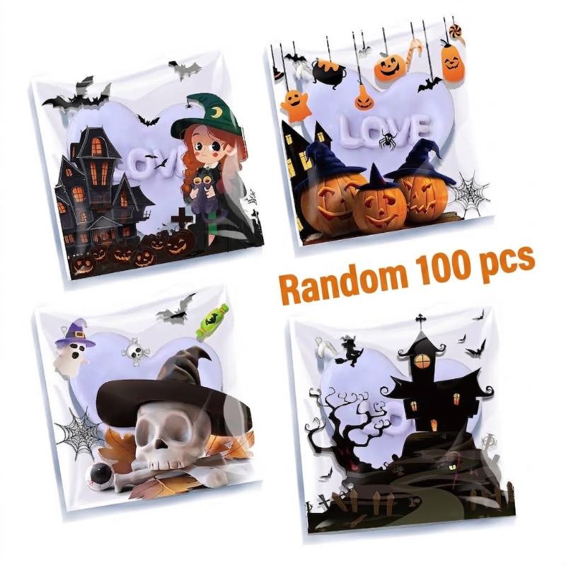 100Pcs Halloween Self Adhesive Treat Bags With Cute Spooky Prints For Packing Candies Cookies Halloween Party Favors