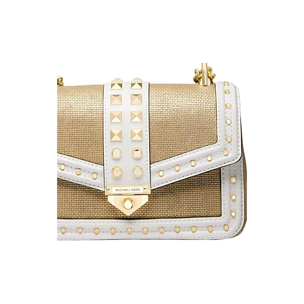 Michael Kors MK Soho Vintage Studded Flap Color Block Chain Commuter Canvas Leather Crossbody Bag Women Bags Brown White 30T1G1SL5K-OPTPLGOLD
