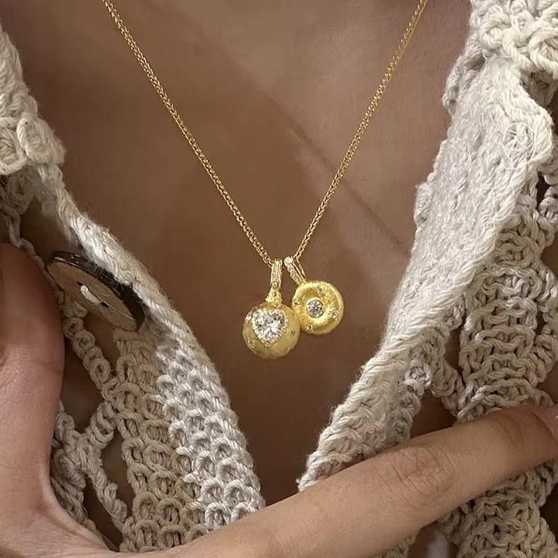 Matte brushed texture sweet necklace for women round beads heart-shaped pendant silver collarbone chain wedding 45cm