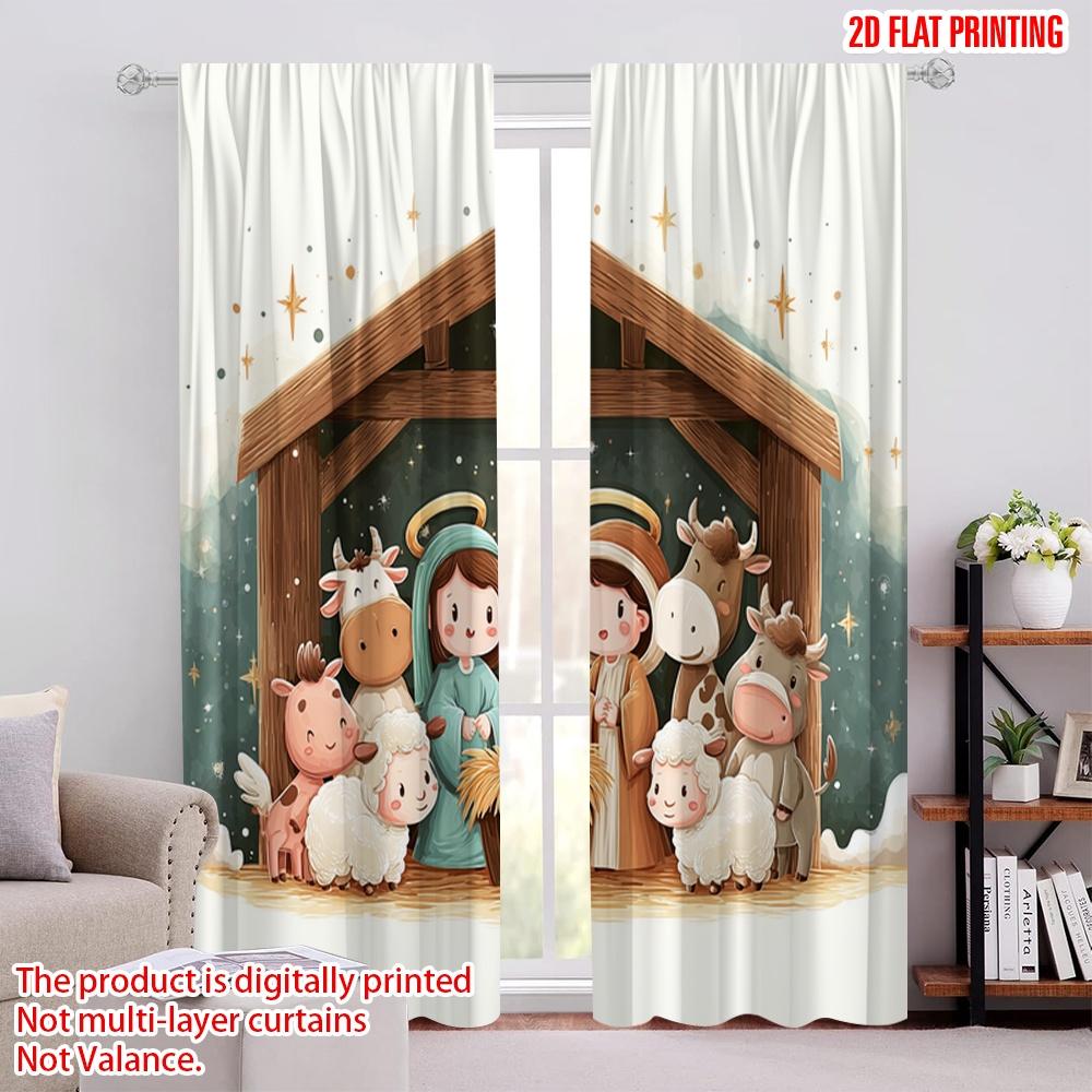 

2pcs,2D plane printing Popular Curtains Christmas Nativity Scene Versatile 100% Polyester (without rod) Outdoor Decorations 52.50 × 116.00 cm 2 pcs
