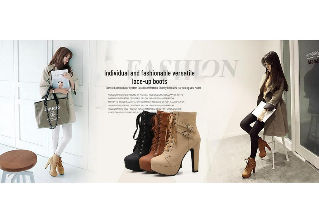 Women's Black Chunky Heel Platform Ankle Boots - Waterproof, Lace-Up, Buckle Detail, Plus Size Available.