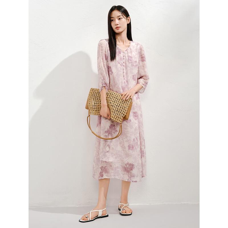 Annacoco Elegant Watercolor Floral Mulberry Silk Dress