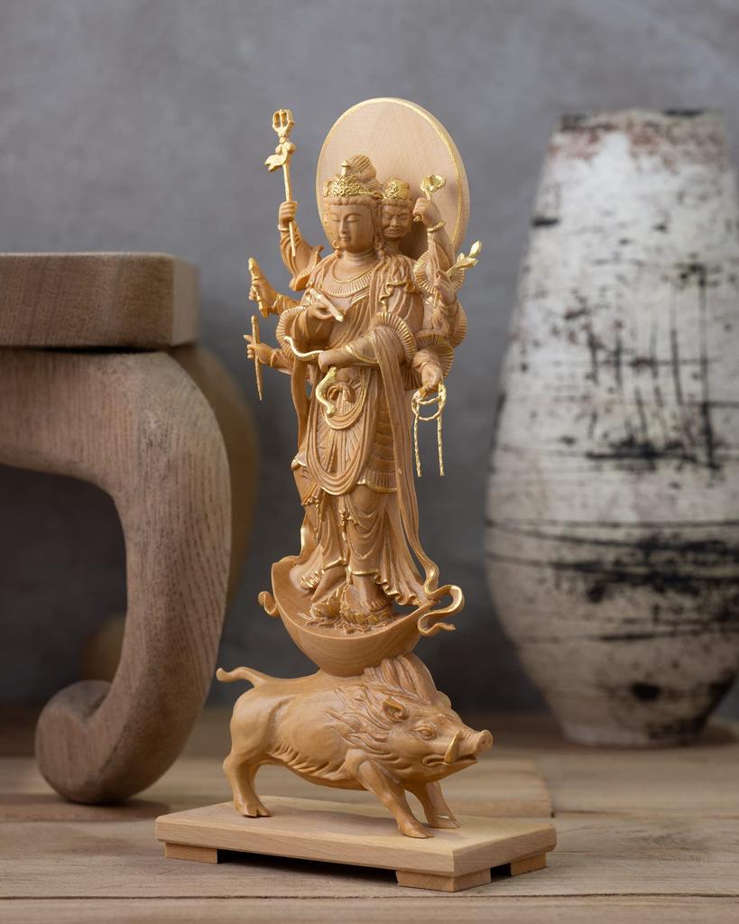 Drobná stojící socha Buddhy Marishiten, zimostráz, zlatá barva, socha, dřevořezba, ozdoba Marishin 13,5 cm (Dřevěná povrchová úprava)_Buddha (GSB