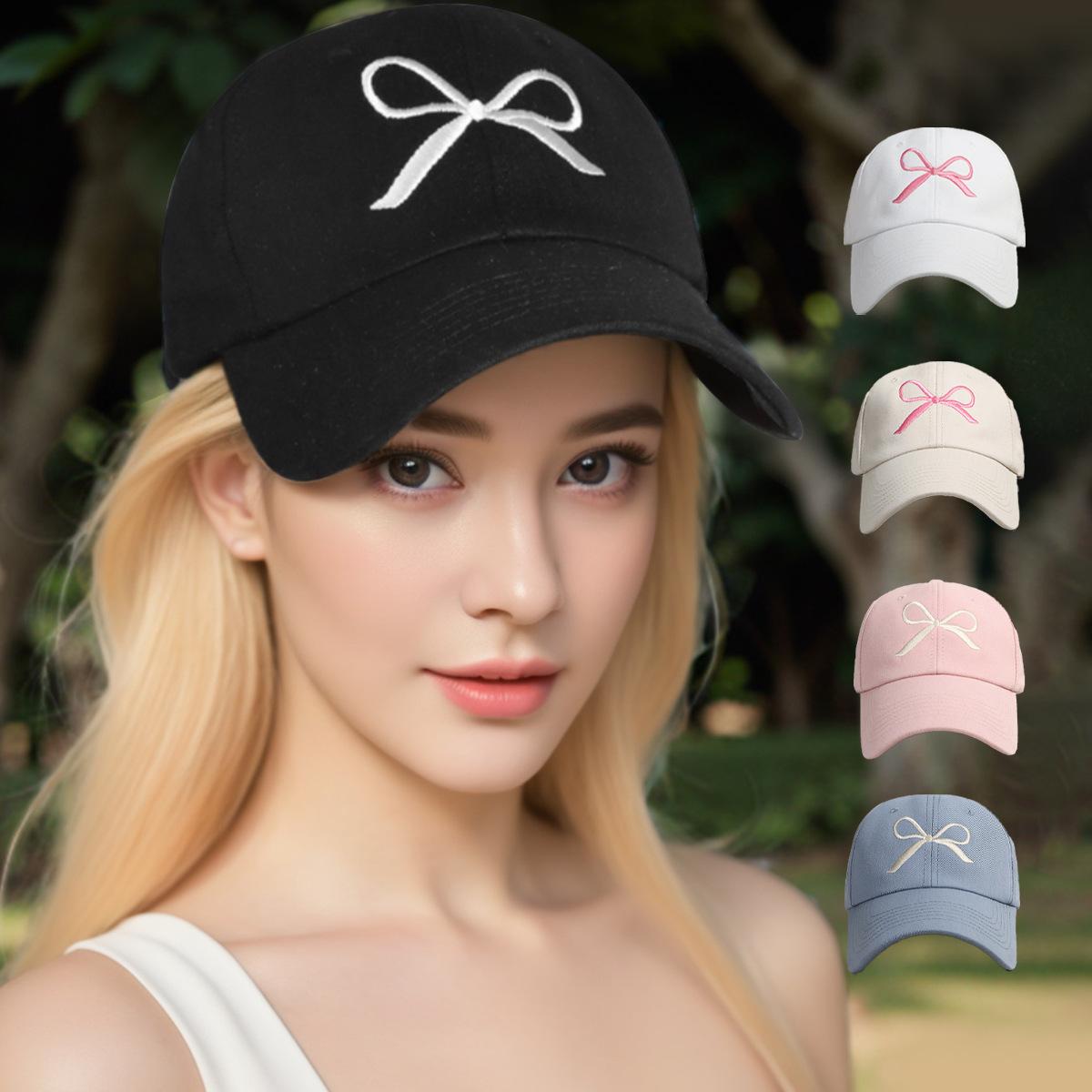 Zealous Sole Women's Black New Summer Cotton Korean Bow Baseball Cap Pink Embroidery Butterfly Girl Solid Color Visor Hat For Adjustable Sunshade