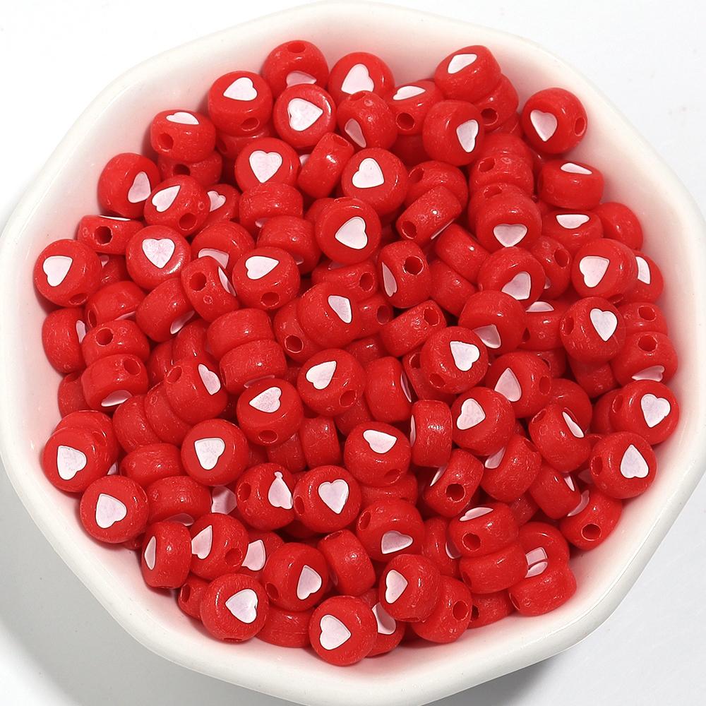 100Pcs/Lot Flat Round Acrylic Beads Colorful Heart Loose Spacer Bead for Jewelry Making Handmade DIY Bracelet Necklace Accessory