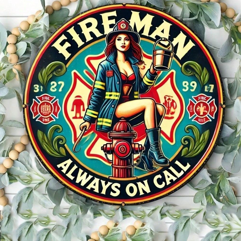 Vintage Metal Tin Sign Firefighter Wall Decor, Round Aluminum Poster for Bar Garage 20x20 cm
