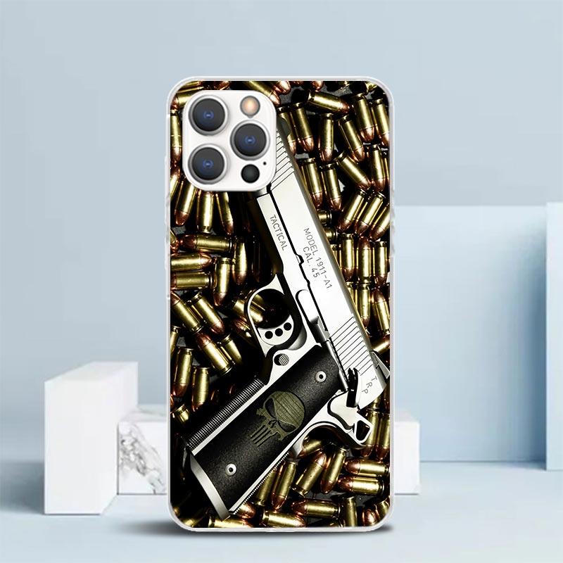Gun Bullets AK47 Handgun Soft Cover for iPhone 16 17 Air 15 14 Pro Max 16E Phone Case 13 Mini 12 11 7 SE 8 Print Pattern Fit Cas