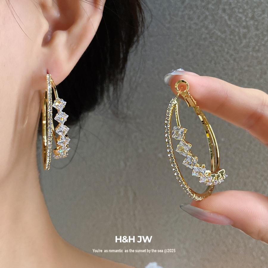 Real gold electroplated silver needle zircon round double-layer earrings niche design earrings light luxury high-end earrings women