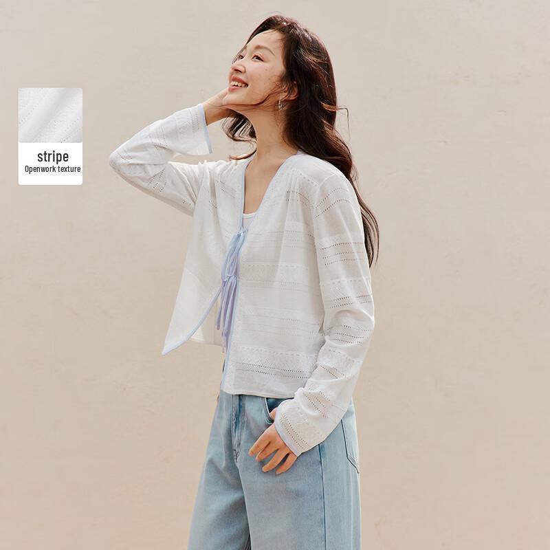 INMAN Women s Striped V-neck Hollow-out Knit Cardigan XL