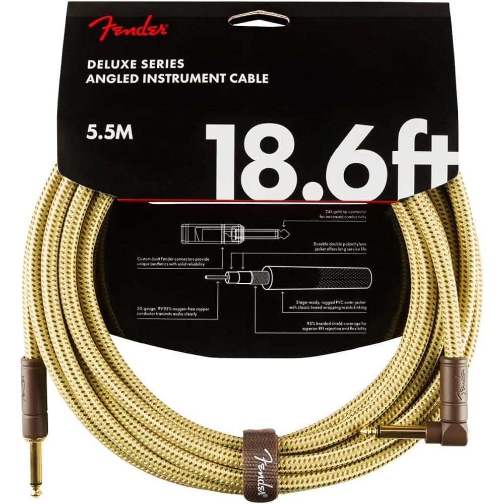 Fender Shield Cable Deluxe Series Instrument Cable, Straight/Angle, 18.6', Tweed 08