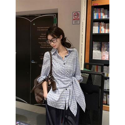 Women's Checkered Long Sleeved Shirt Waist Cinching Design Commuting Style Shirts Korean Simple Fashionable Ladies Tops
