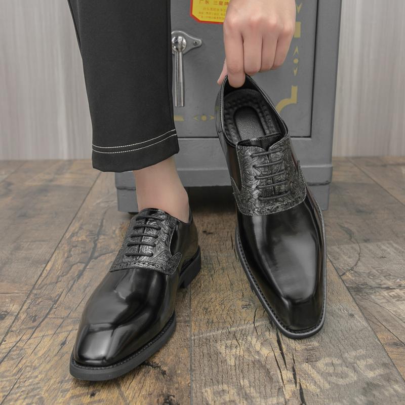Brand Breathable Banquet Party Block Leather Shoes British Men Lace Up Comfortable Pointed Business Formal Leather Shoes